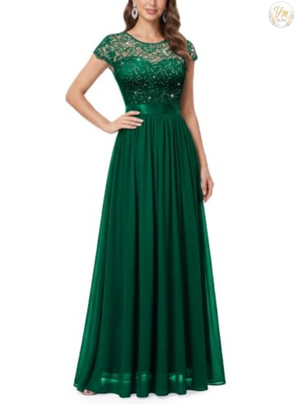 Scoop Neck Sequin Lace Contrast A-Line Maxi Formal Dress with Short Sleeves